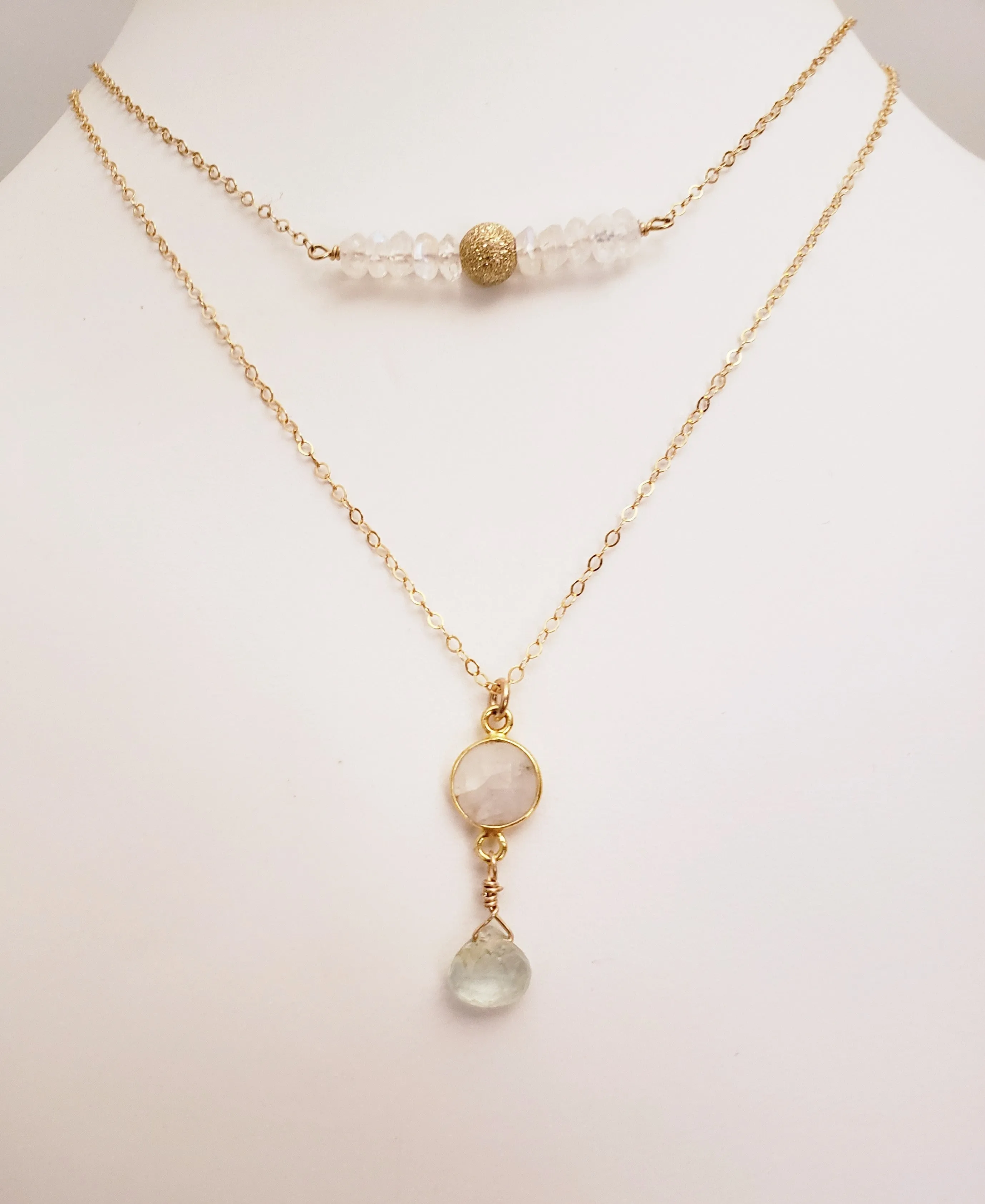 Delicate Bar Necklace Features Faceted Moonstone Surrounded By a Gold-Filled Sparkle Ball To Form On Gold-Filled Chain Enhances Feminine Energy.