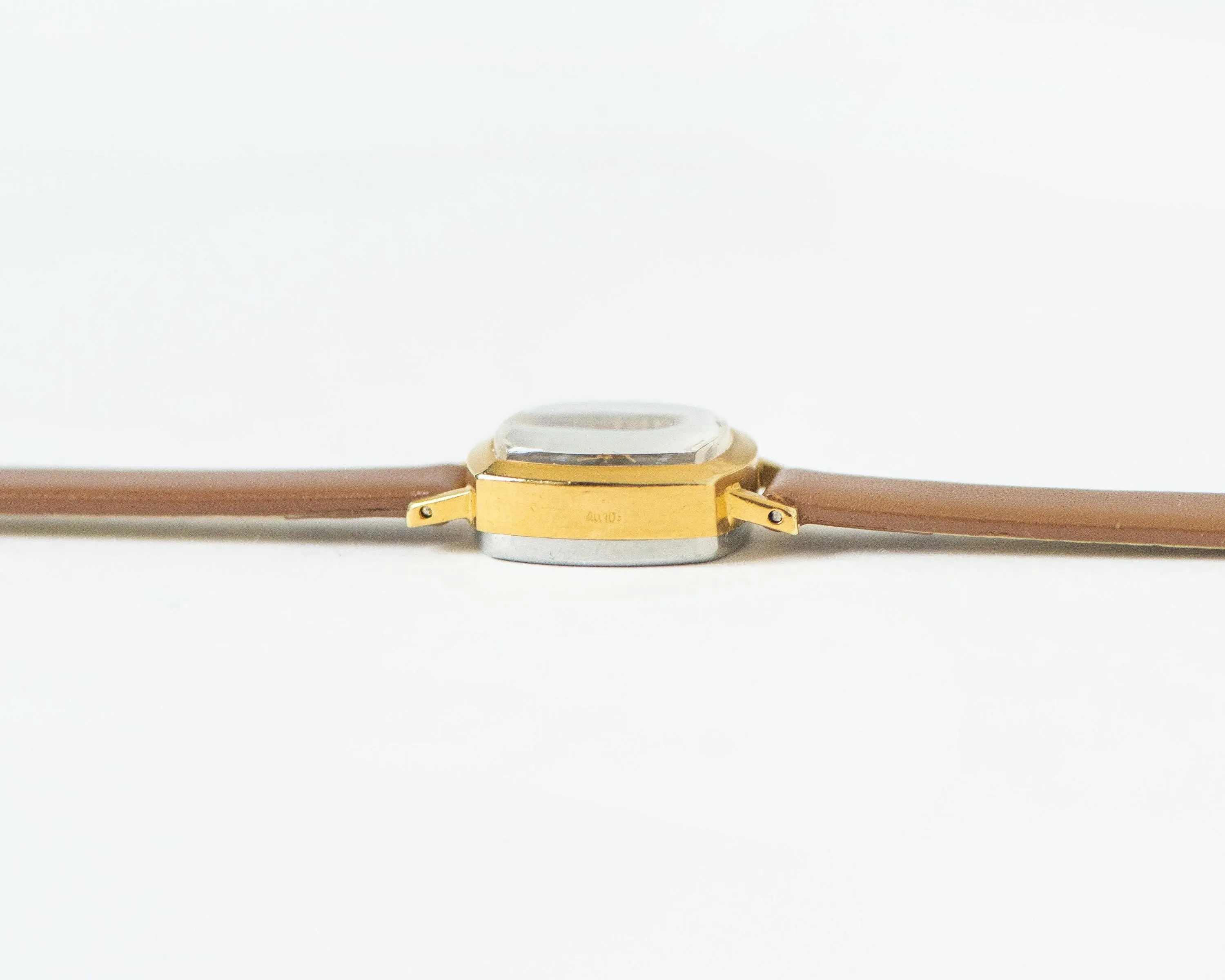 Delicate women's watch brown dial gold plated rectangular Dawn, vintage lady watch jewelry gift micro wristwatch, new genuine leather band