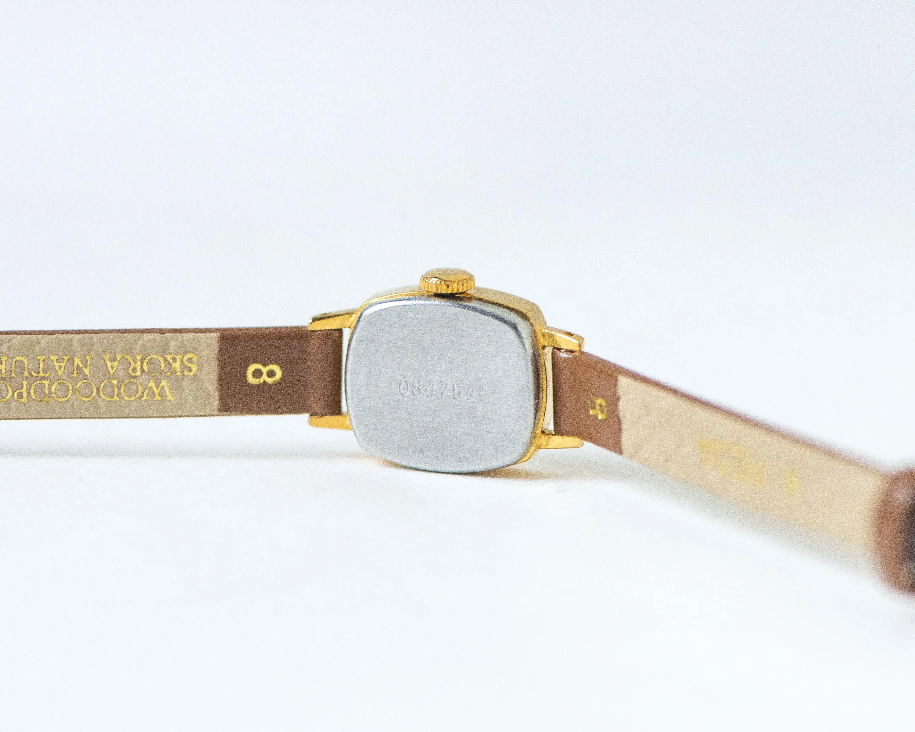 Delicate women's watch brown dial gold plated rectangular Dawn, vintage lady watch jewelry gift micro wristwatch, new genuine leather band