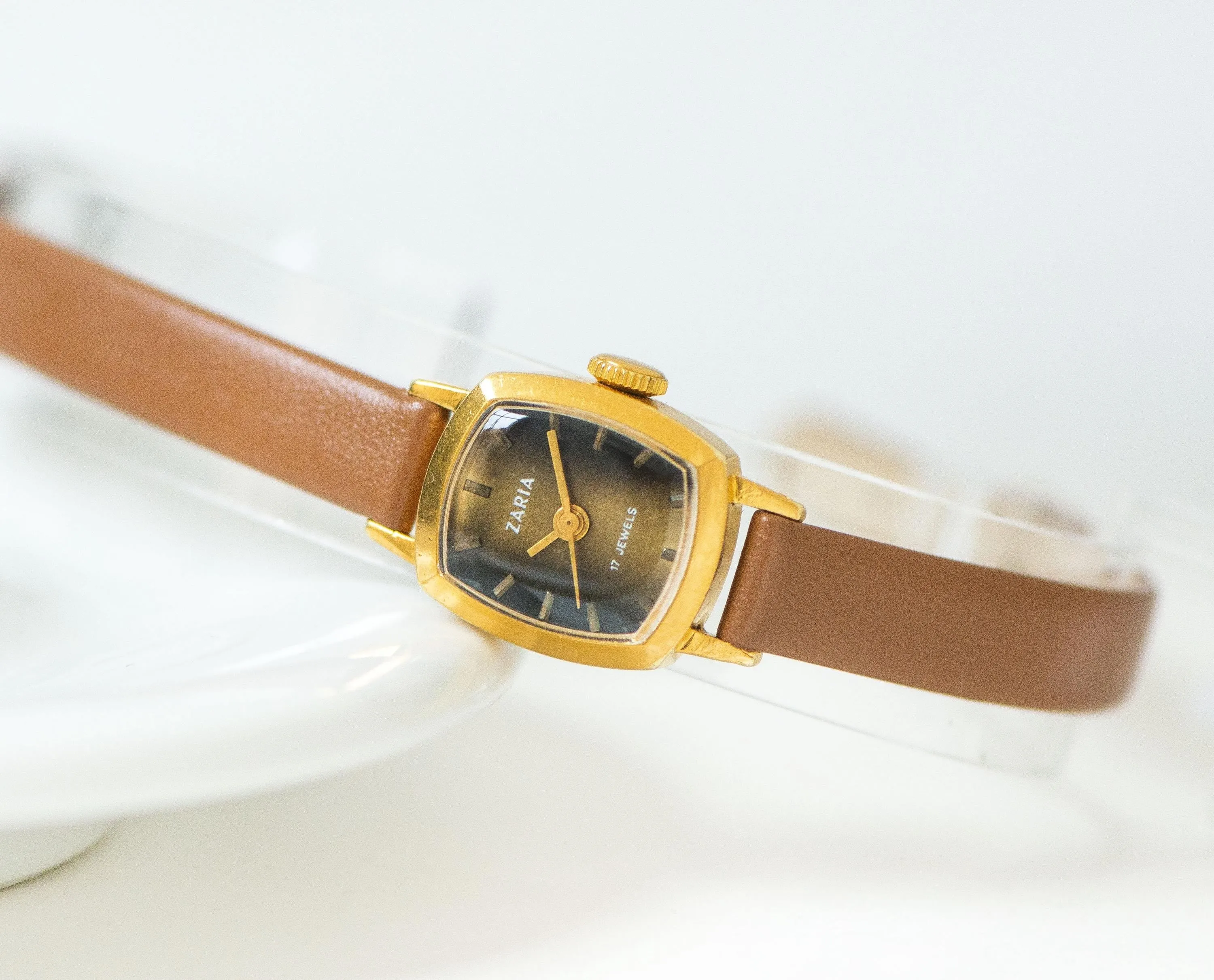 Delicate women's watch brown dial gold plated rectangular Dawn, vintage lady watch jewelry gift micro wristwatch, new genuine leather band