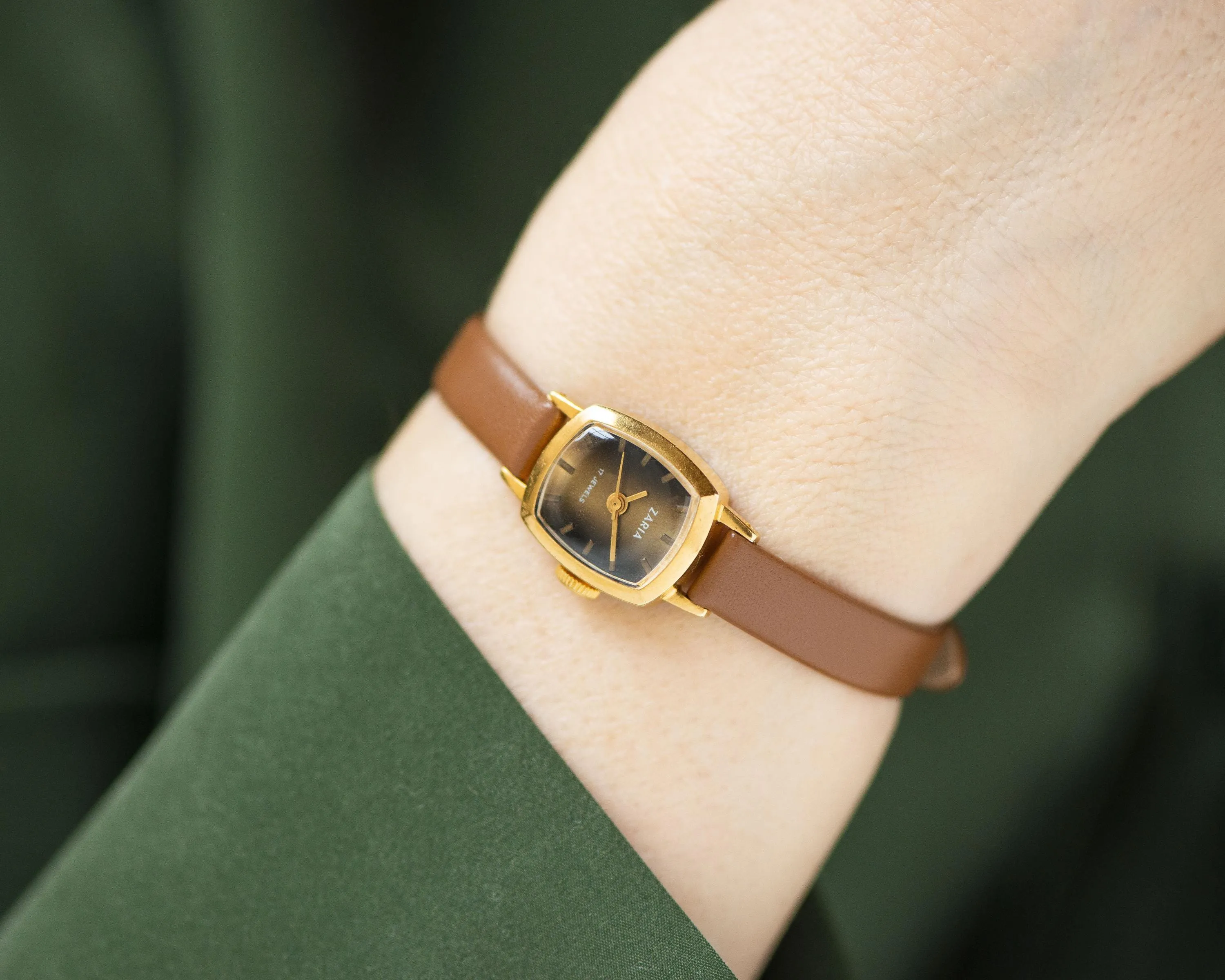 Delicate women's watch brown dial gold plated rectangular Dawn, vintage lady watch jewelry gift micro wristwatch, new genuine leather band