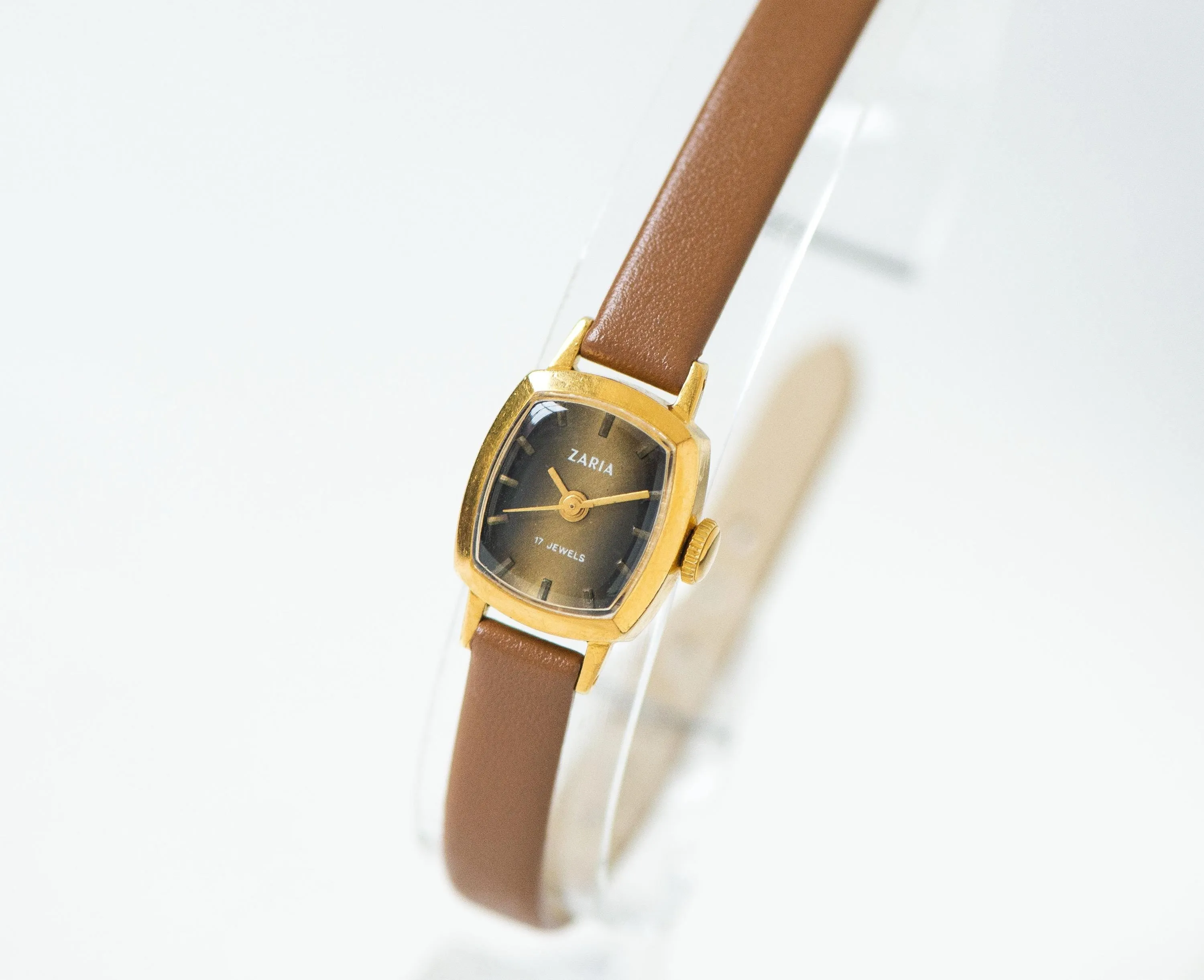 Delicate women's watch brown dial gold plated rectangular Dawn, vintage lady watch jewelry gift micro wristwatch, new genuine leather band