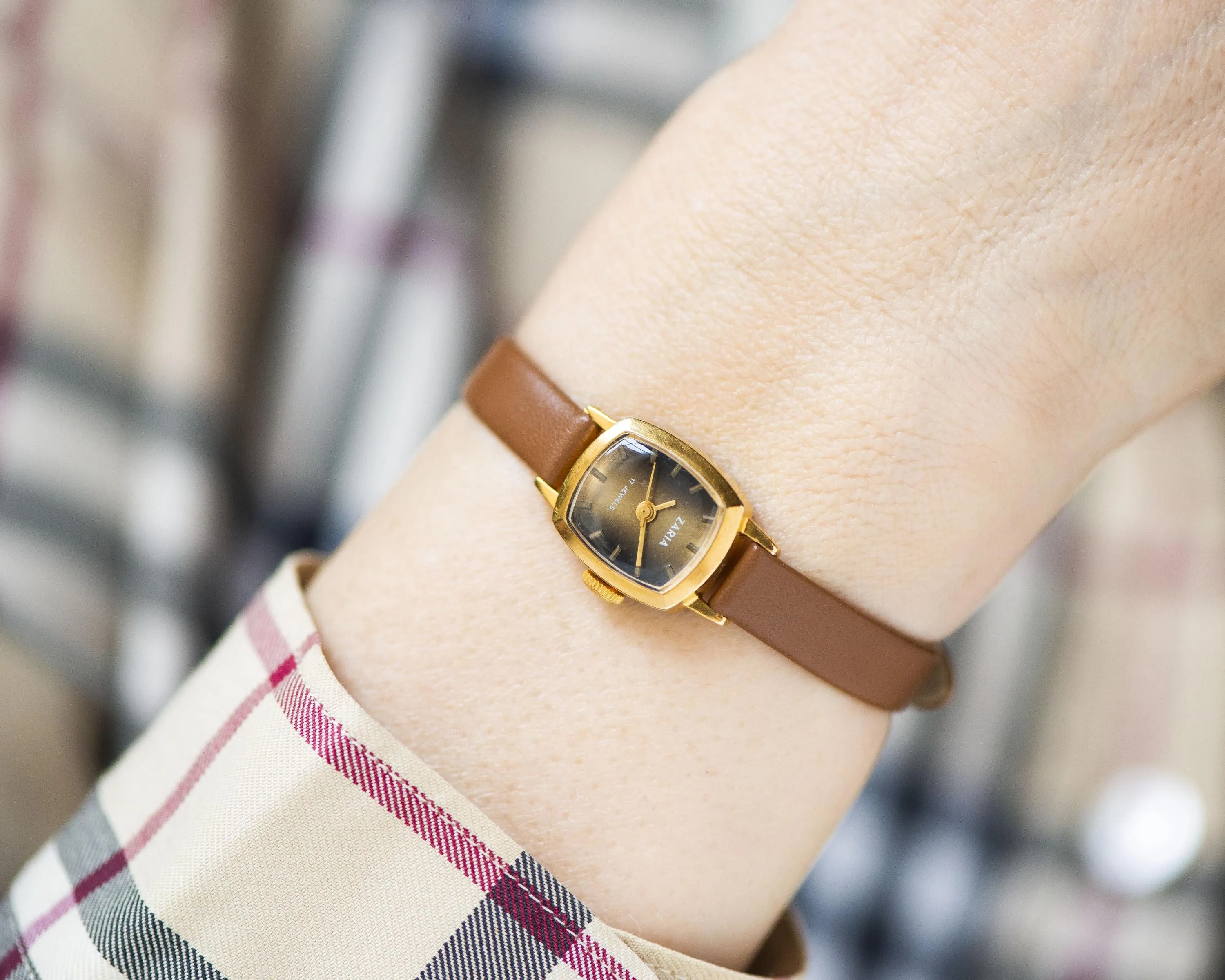 Delicate women's watch brown dial gold plated rectangular Dawn, vintage lady watch jewelry gift micro wristwatch, new genuine leather band