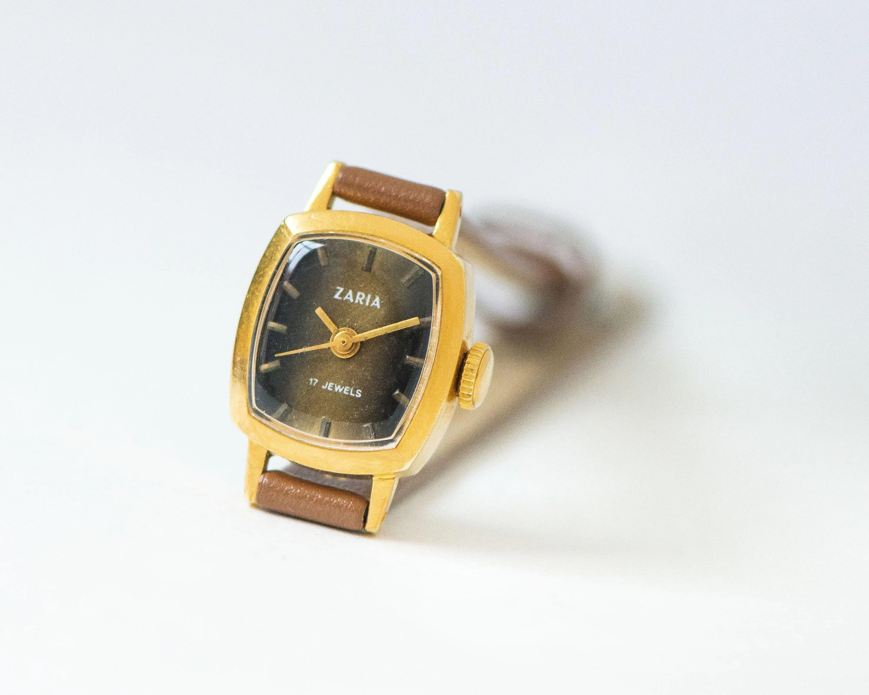 Delicate women's watch brown dial gold plated rectangular Dawn, vintage lady watch jewelry gift micro wristwatch, new genuine leather band
