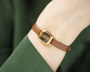 Delicate women's watch brown dial gold plated rectangular Dawn, vintage lady watch jewelry gift micro wristwatch, new genuine leather band