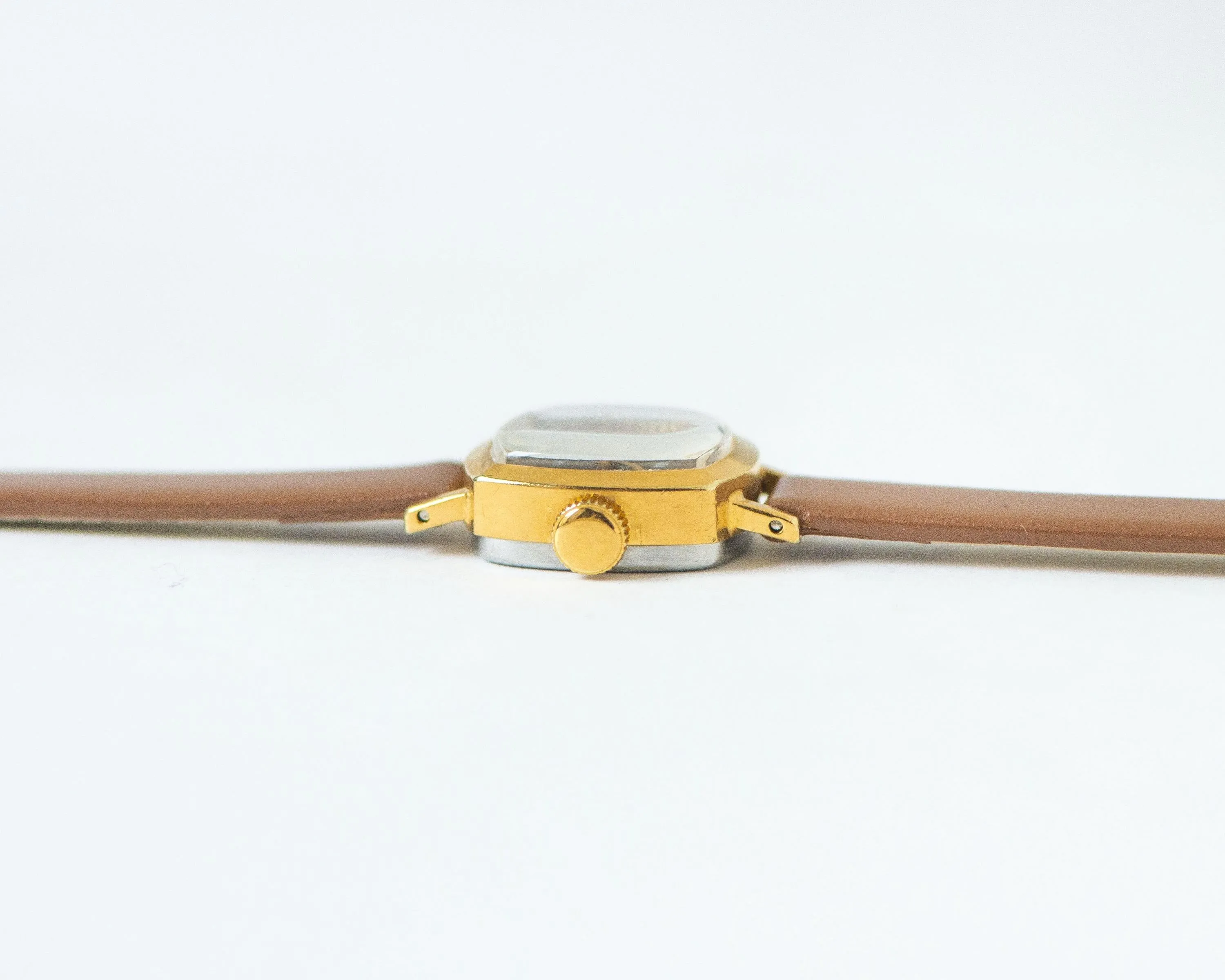 Delicate women's watch brown dial gold plated rectangular Dawn, vintage lady watch jewelry gift micro wristwatch, new genuine leather band