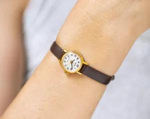 Delicate women's watch Dawn gold plated vintage, girl's watch small mint condition, classical watch minimalist gift new genuine leather band