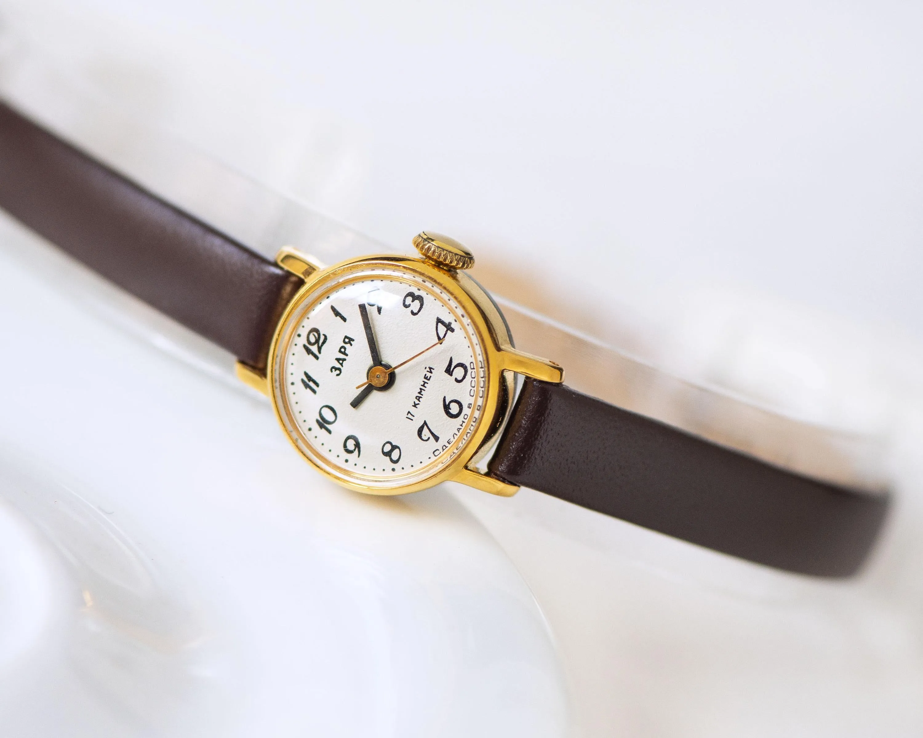 Delicate women's watch Dawn gold plated vintage, girl's watch small mint condition, classical watch minimalist gift new genuine leather band