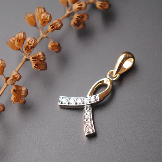 Diamond Awareness Ribbon Charm Pendant