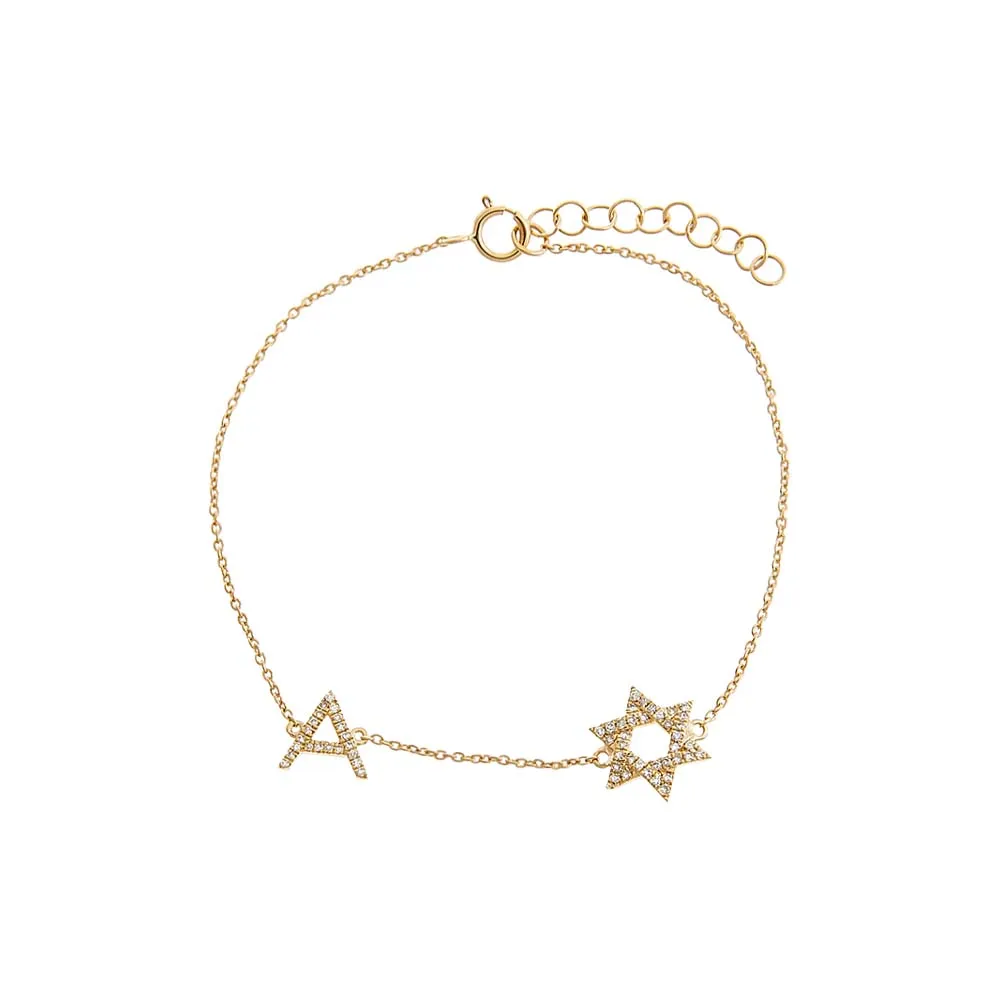 Diamond Pave Star Of David Initial Bracelet 14K