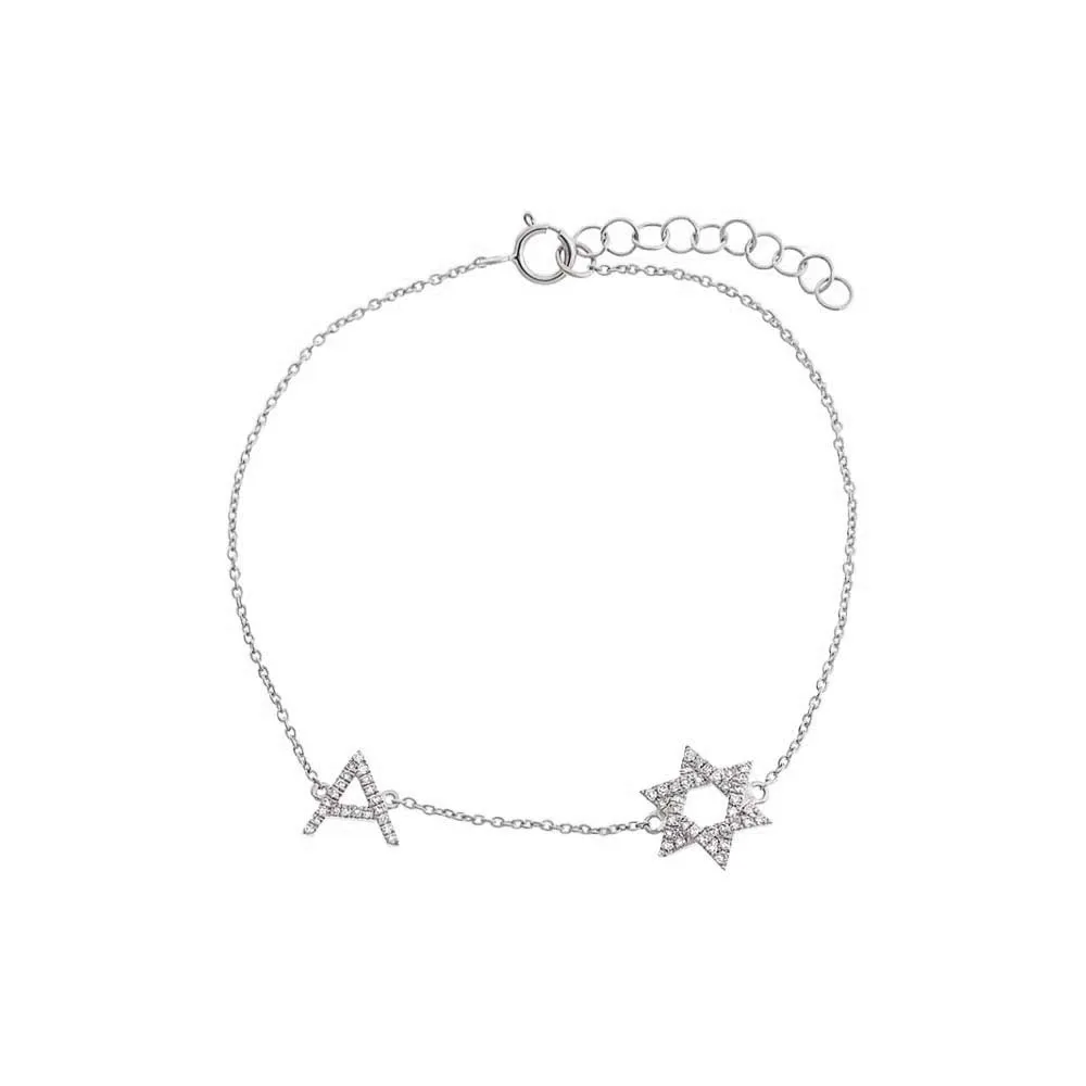 Diamond Pave Star Of David Initial Bracelet 14K