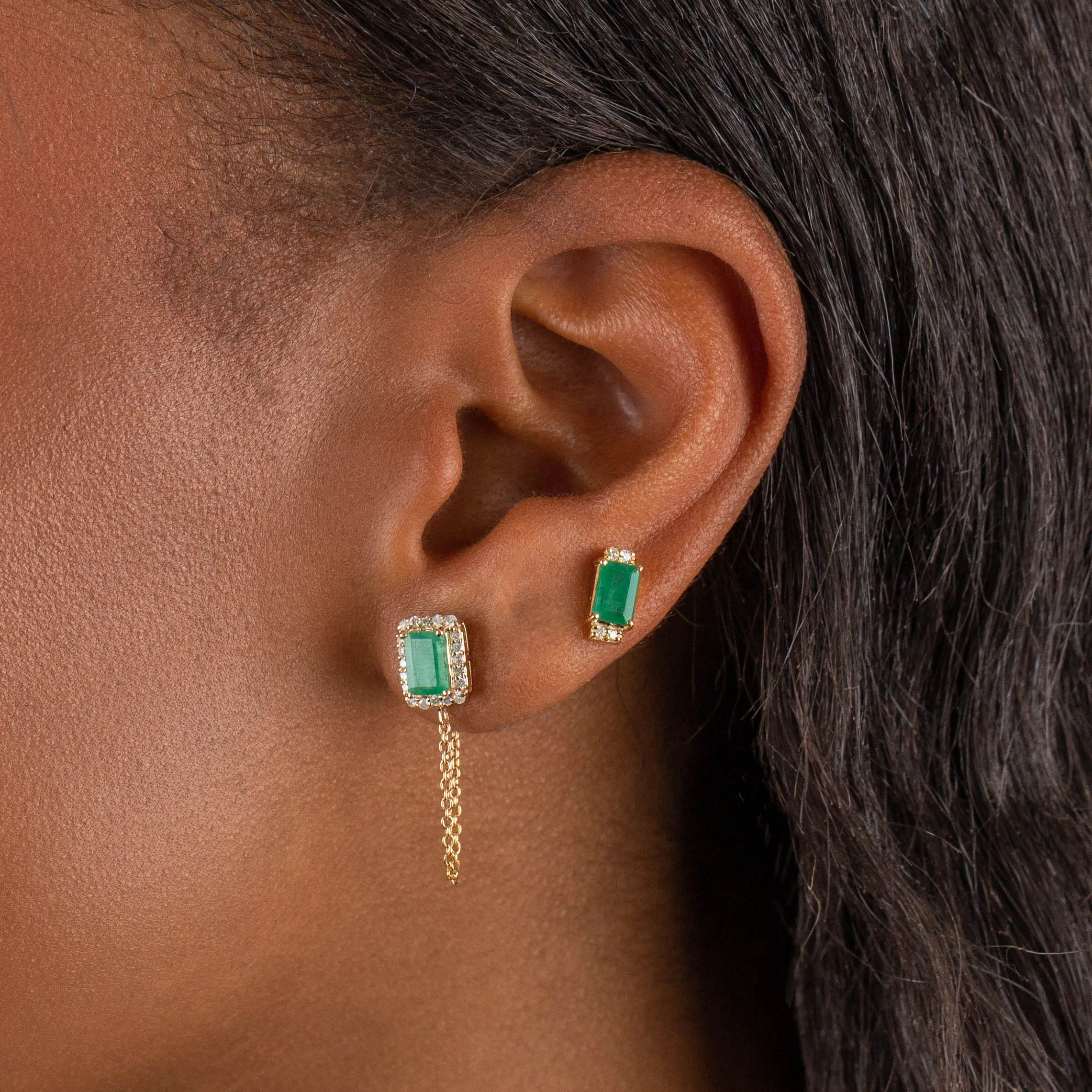 Diamond X Emerald Chain Stud Earring 14K