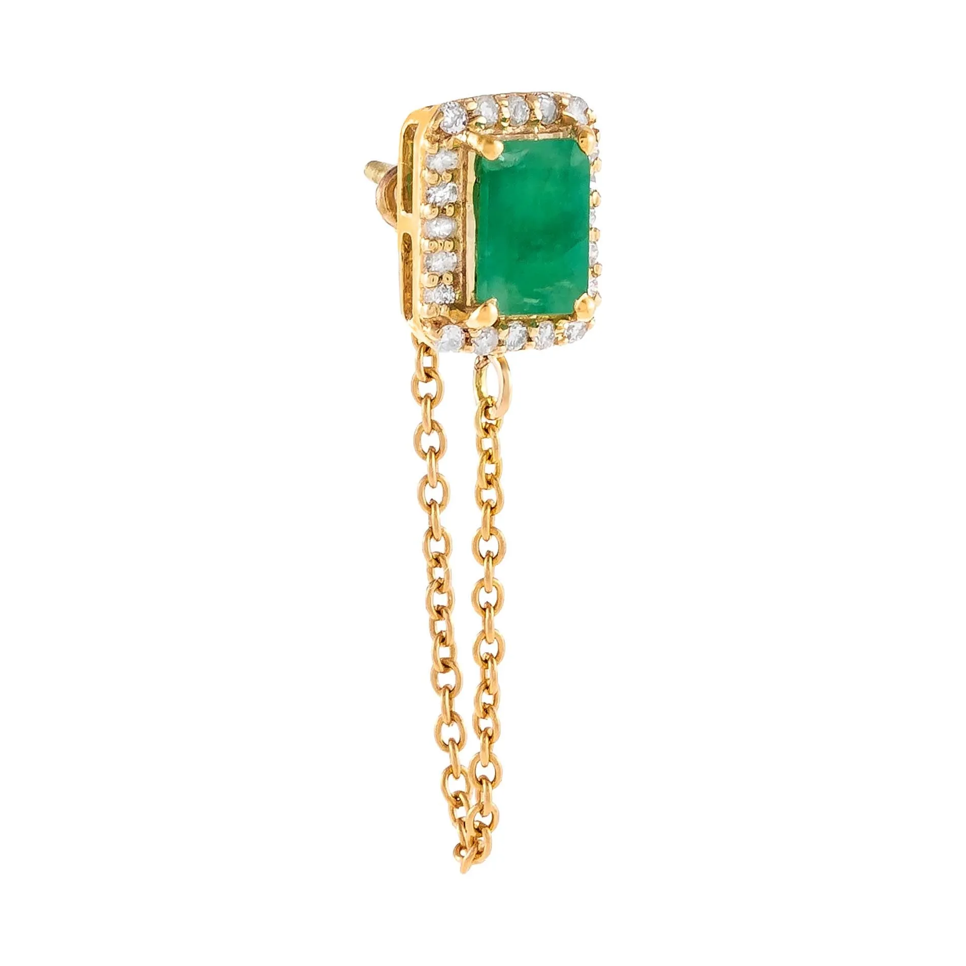 Diamond X Emerald Chain Stud Earring 14K