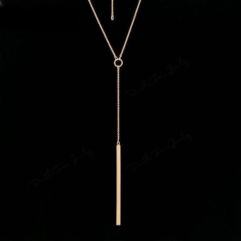 Double Fair Anti Allergy Y Style Chain Long Necklaces & Pendants Rose Gold Plated Strip Bar Jewelry For Women DFN601