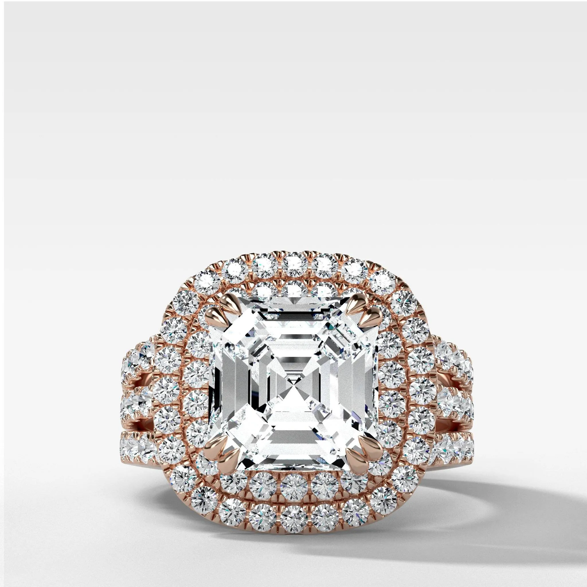Double Halo Triple Shank Engagement Ring With Asscher Cut Diamond