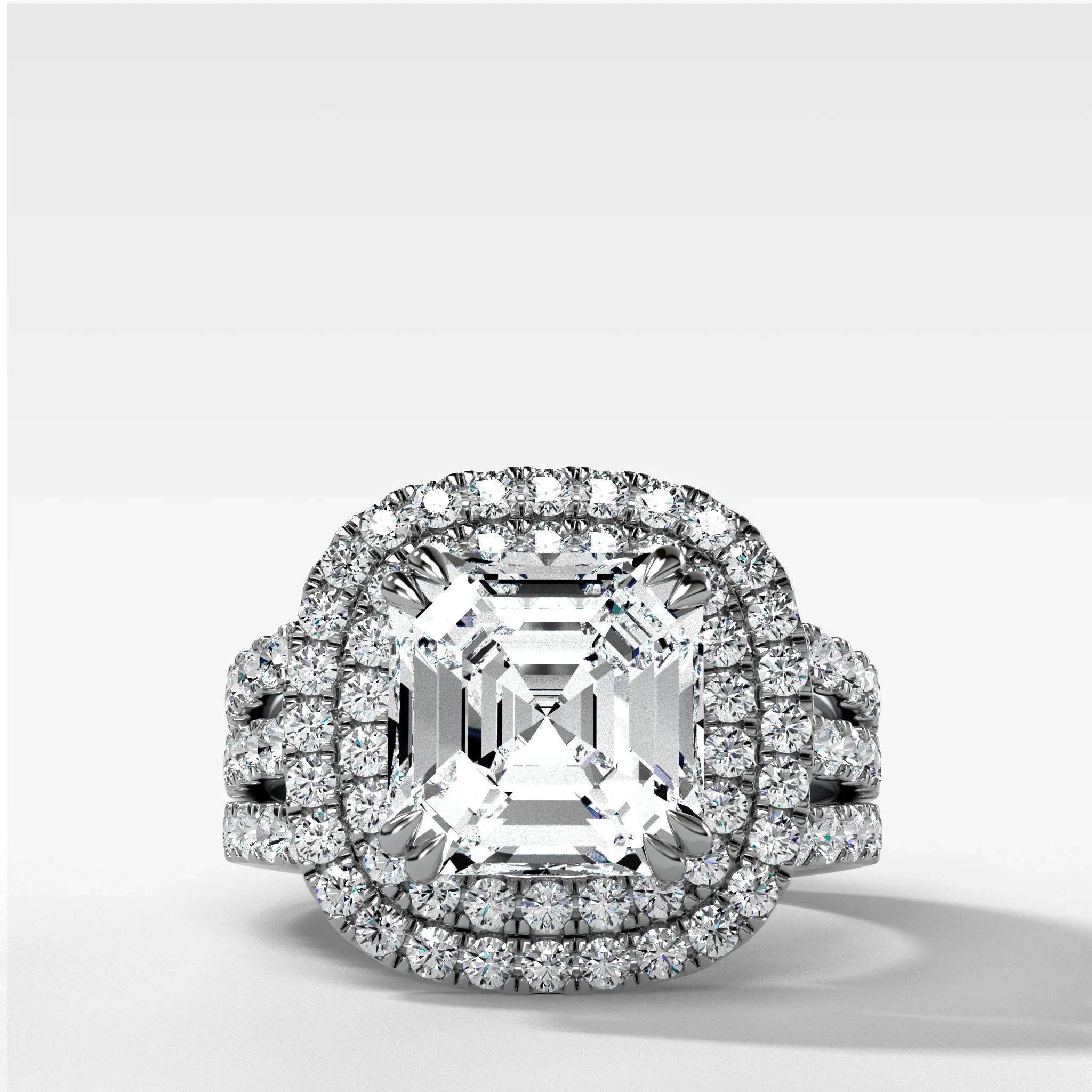 Double Halo Triple Shank Engagement Ring With Asscher Cut Diamond