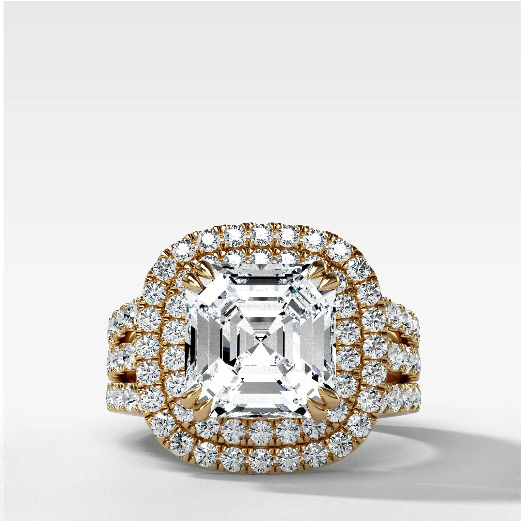 Double Halo Triple Shank Engagement Ring With Asscher Cut Diamond