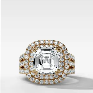 Double Halo Triple Shank Engagement Ring With Asscher Cut Diamond
