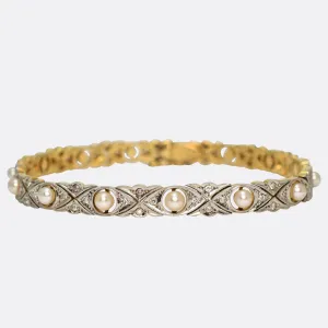 Edwardian Diamond & Natural Pearl Line Bracelet