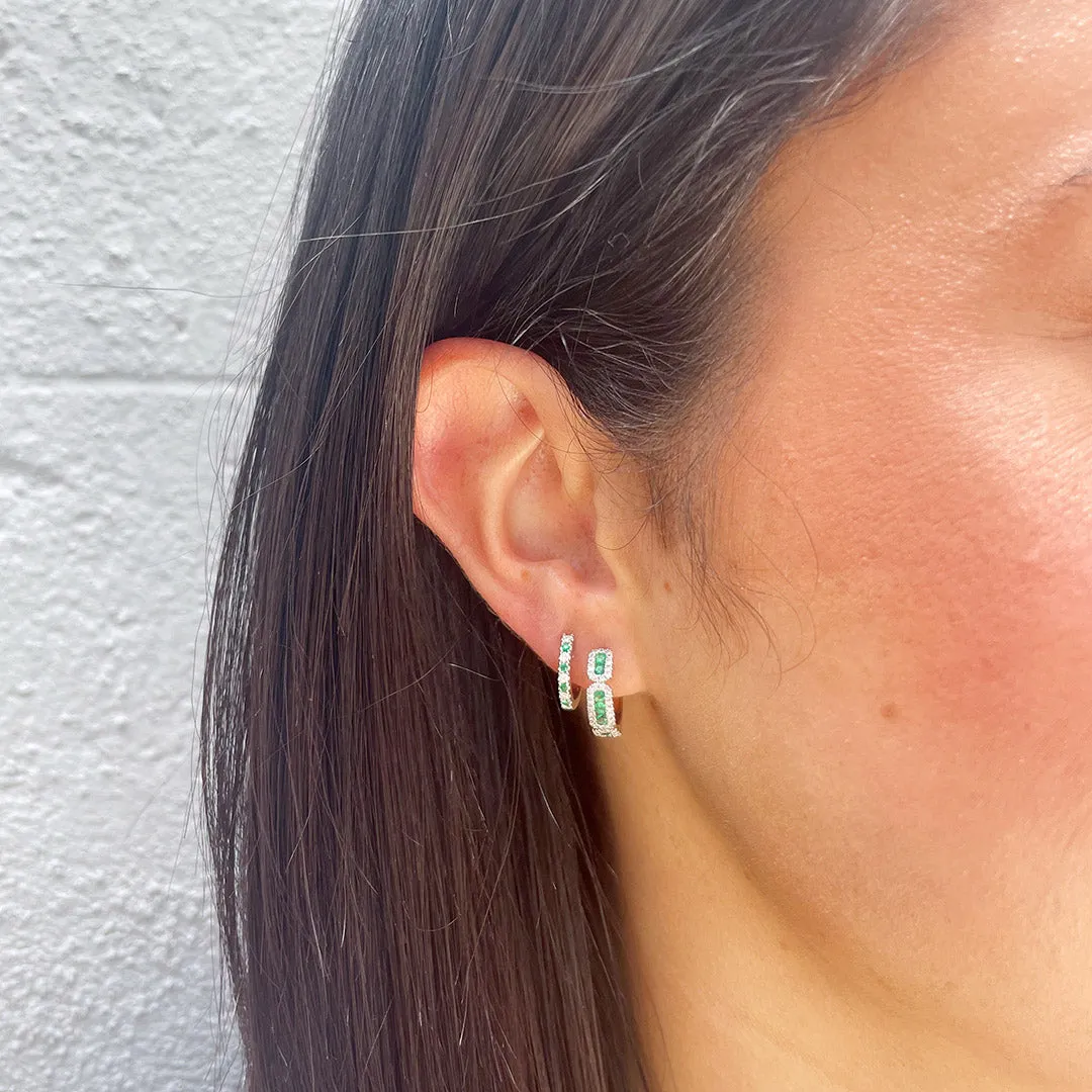 Emerald & Diamond 14K White Gold Huggie Earrings