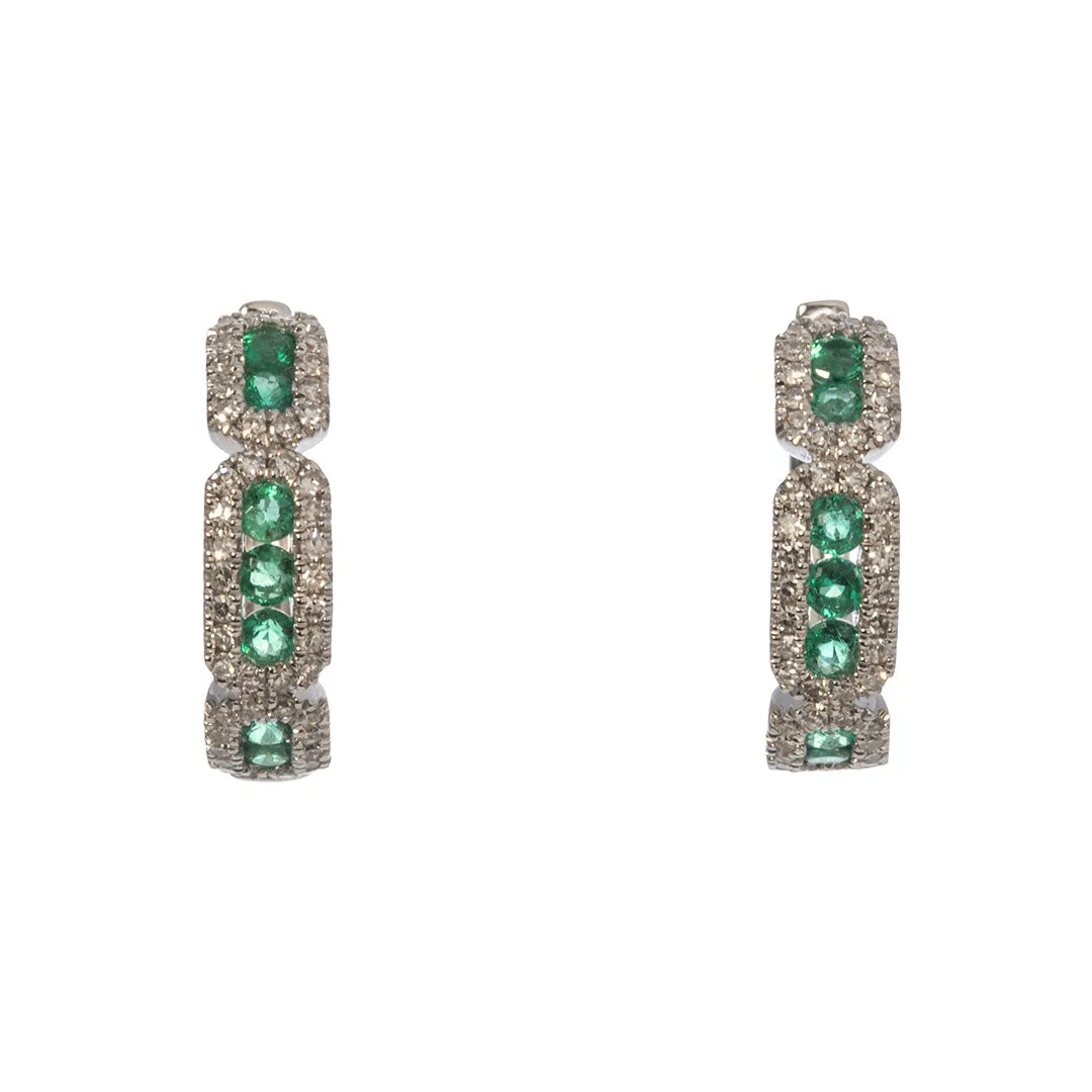 Emerald & Diamond 14K White Gold Huggie Earrings