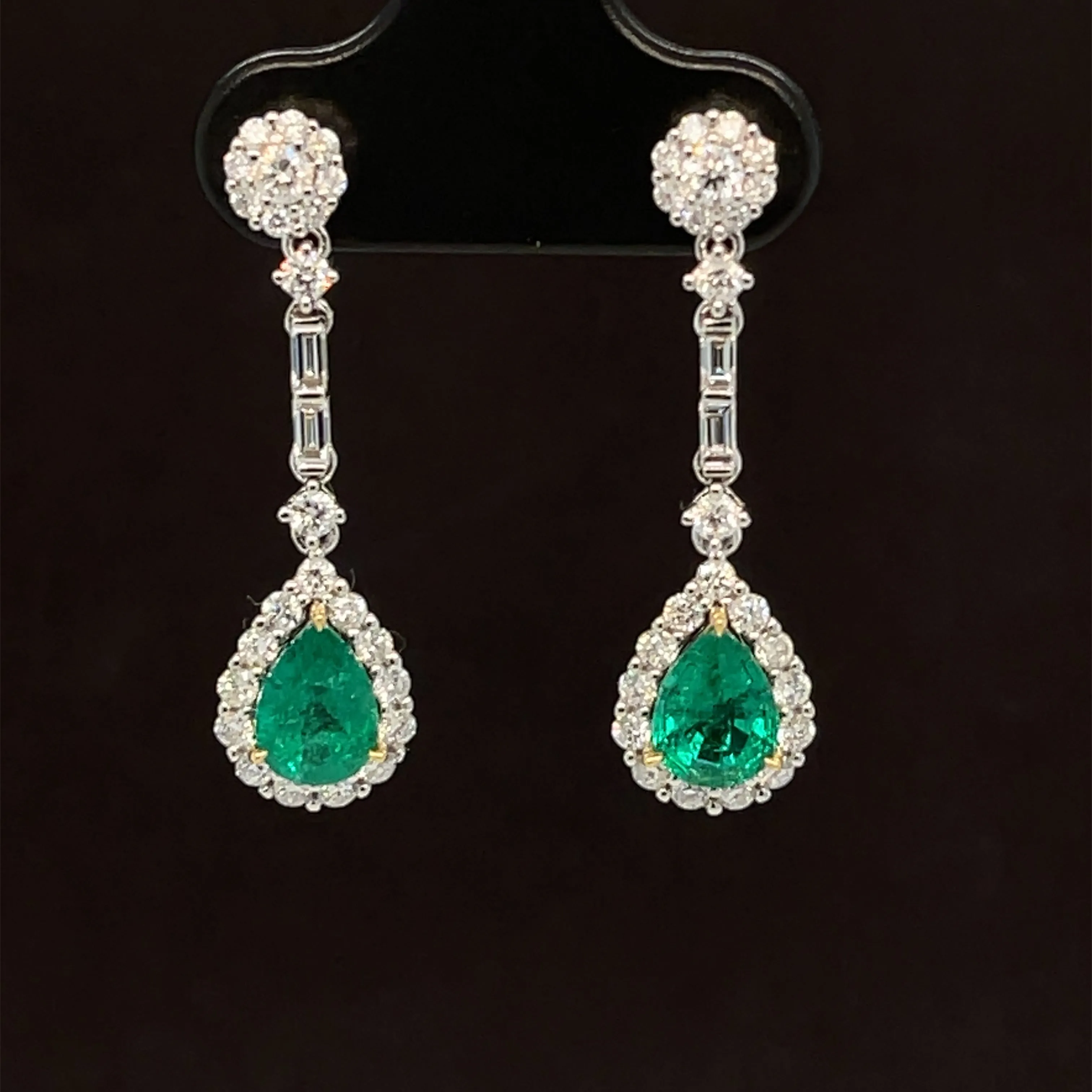 Emerald & Diamond Pear Halo Linear Dangle Earrings in 18k White Gold - #584 - EREME027724