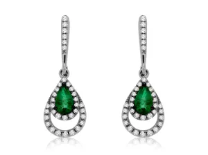 Emerald and Diamond Double Halo Dangle Earrings