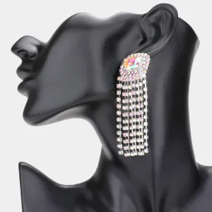 Emerald Cut AB Stone and Rhinestone Fringe Pageant Earrings  | Prom Earrings | 590036