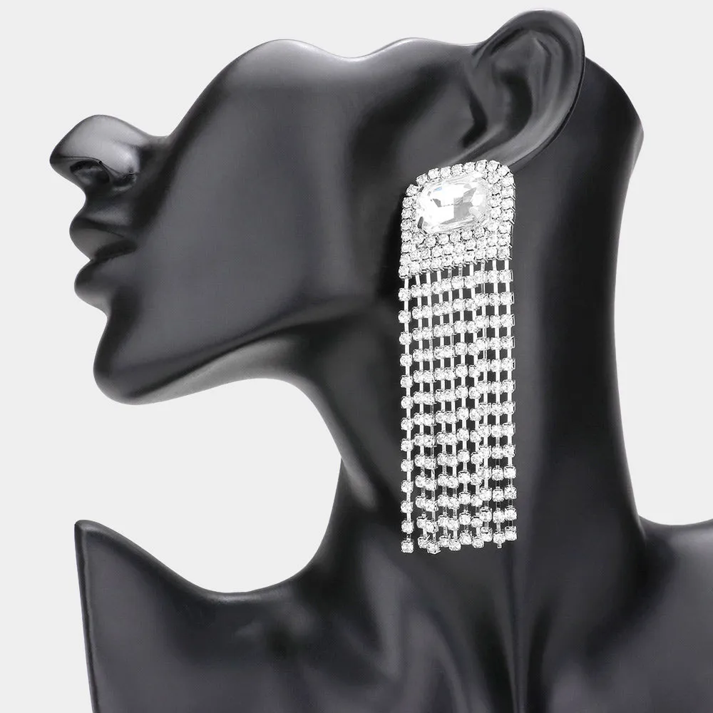 Emerald Cut Clear Stone Accented Rhinestone Fringe Pageant Earrings  | Prom Earrings |  589207