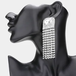 Emerald Cut Clear Stone Accented Rhinestone Fringe Pageant Earrings  | Prom Earrings |  589207