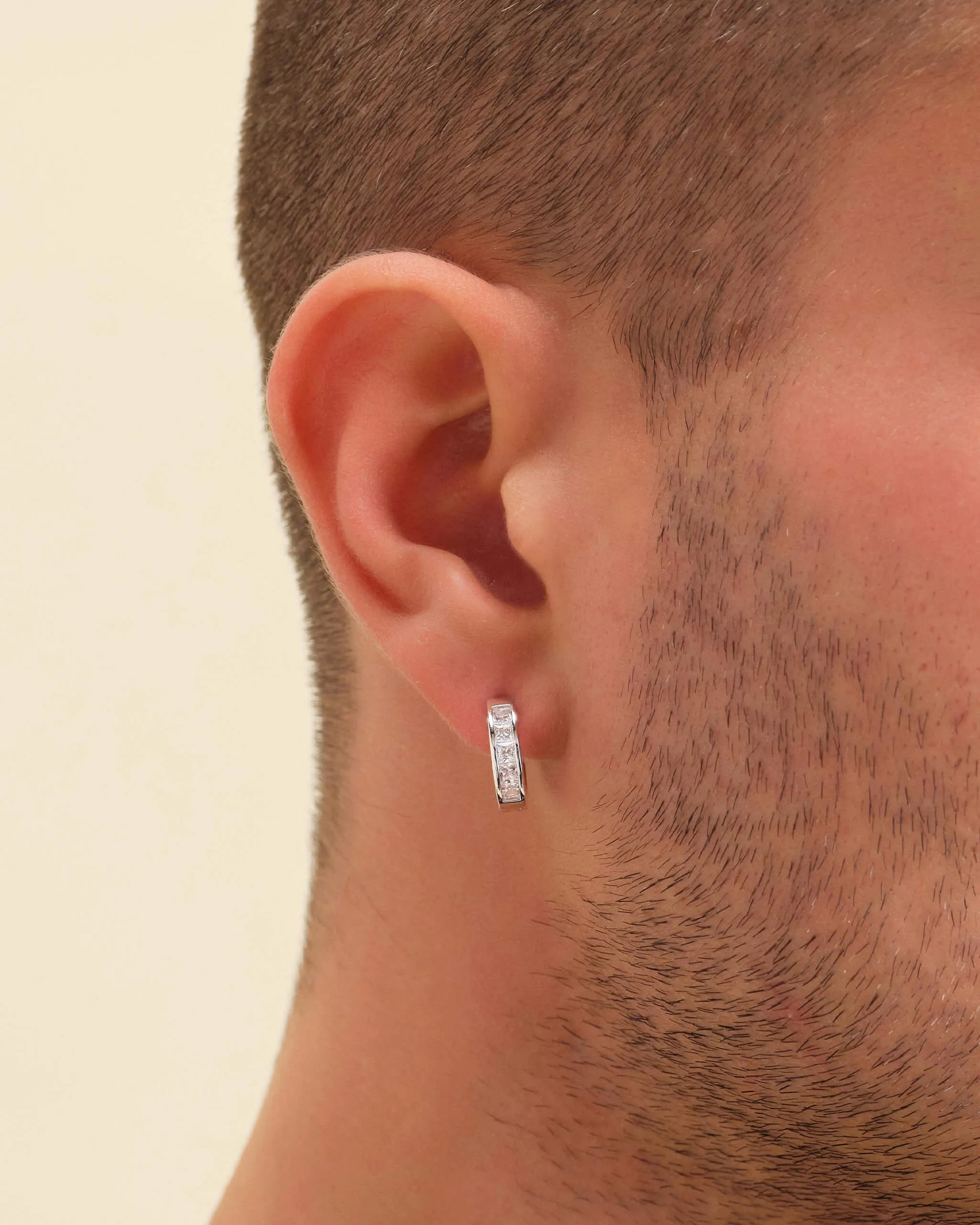 Emerald Cut Inset Hoop Earrings - Silver