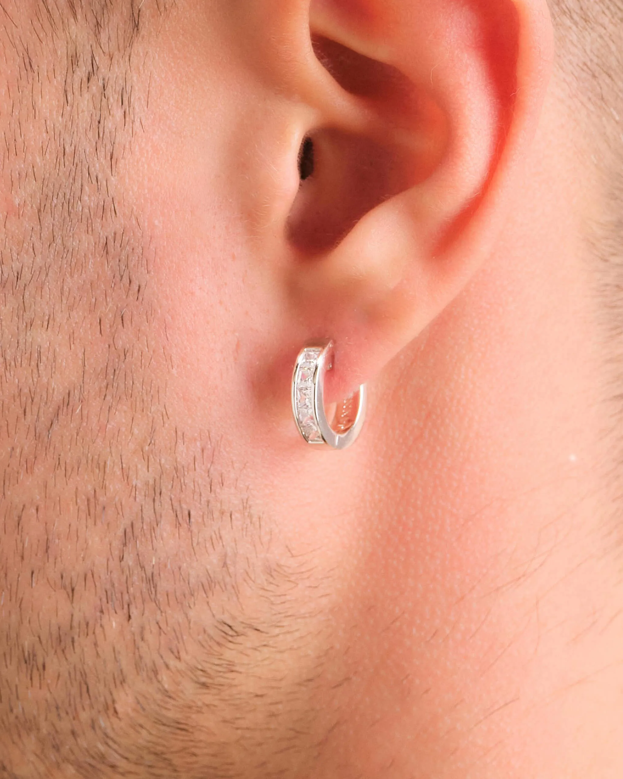 Emerald Cut Inset Hoop Earrings - Silver