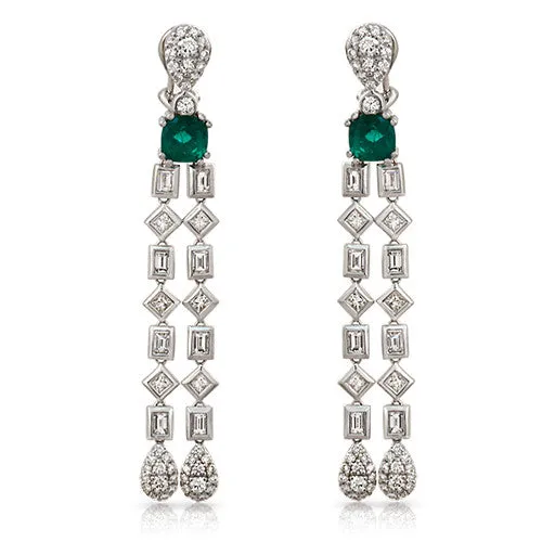 Emerald Dangling Earrings with 3.95 carat Diamonds in 14k White Gold Latch Backing