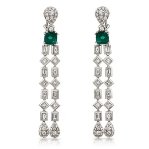 Emerald Dangling Earrings with 3.95 carat Diamonds in 14k White Gold Latch Backing