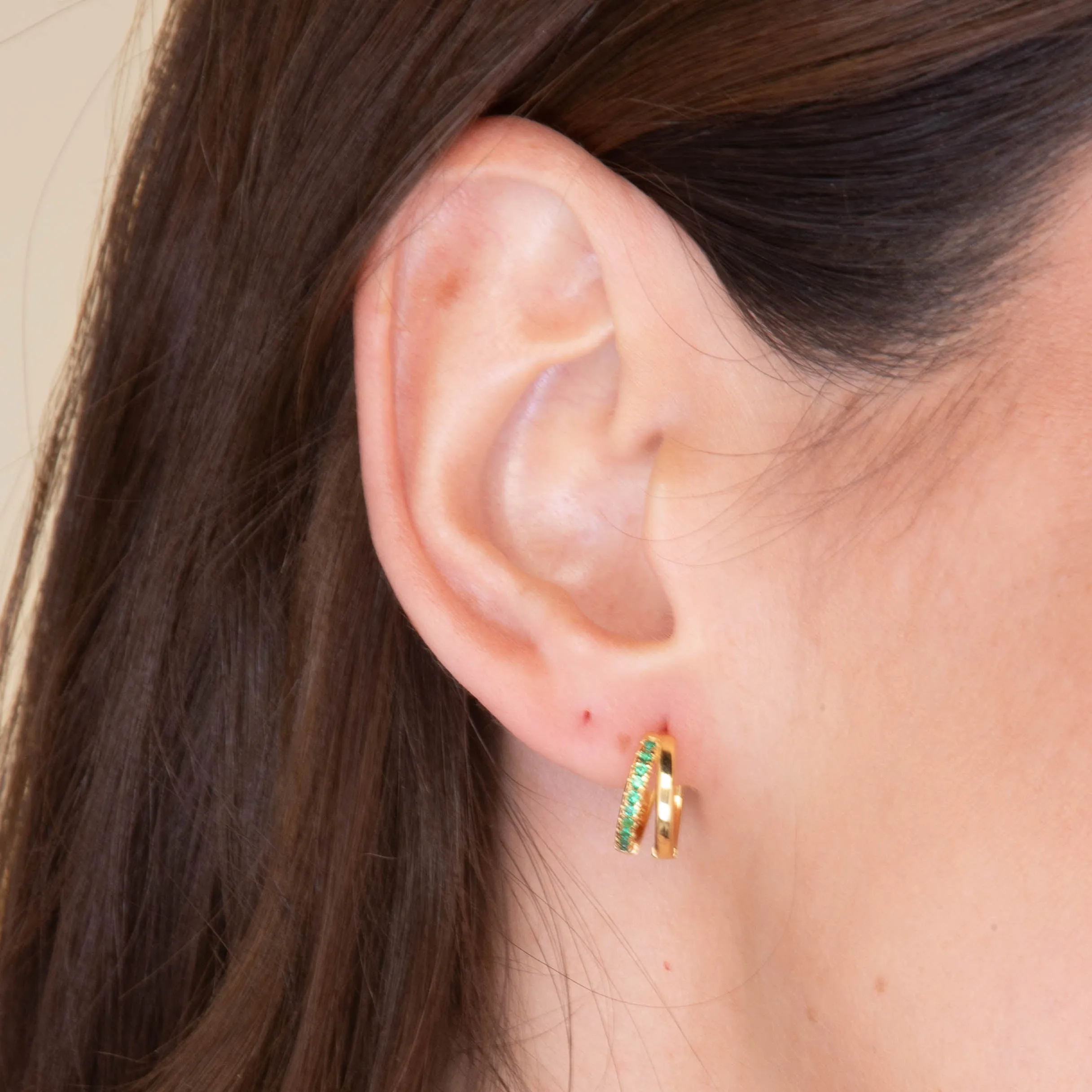 Emerald Double Zirconia Huggie Hoop Earrings