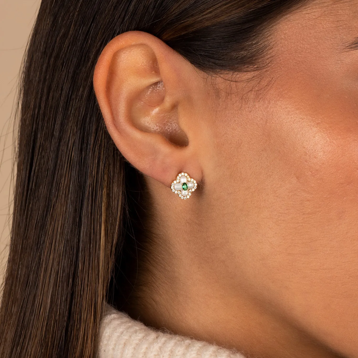 Emerald Green CZ Clover Stud Earring