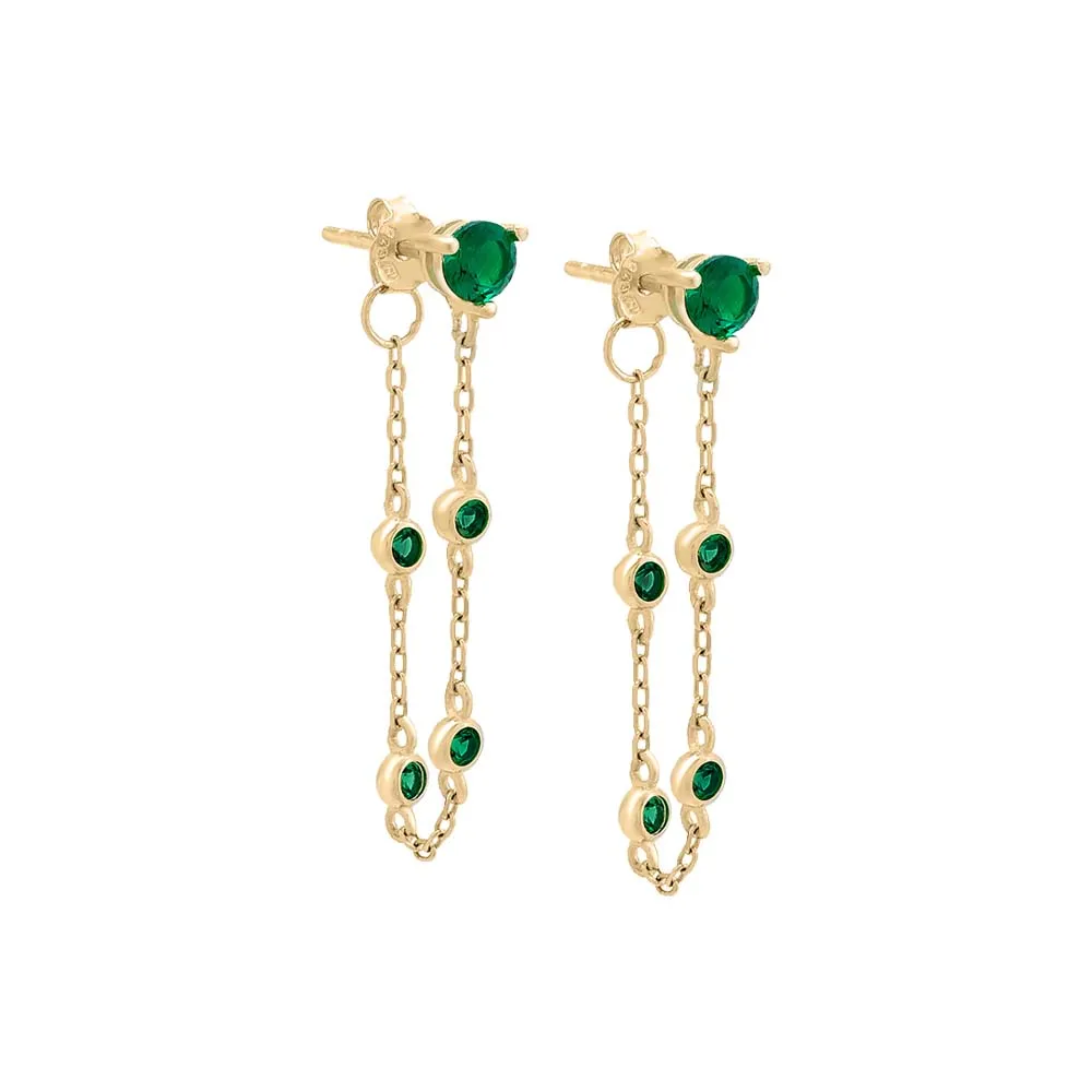Emerald Green Drop Down Font Chain Stud Earring 14K