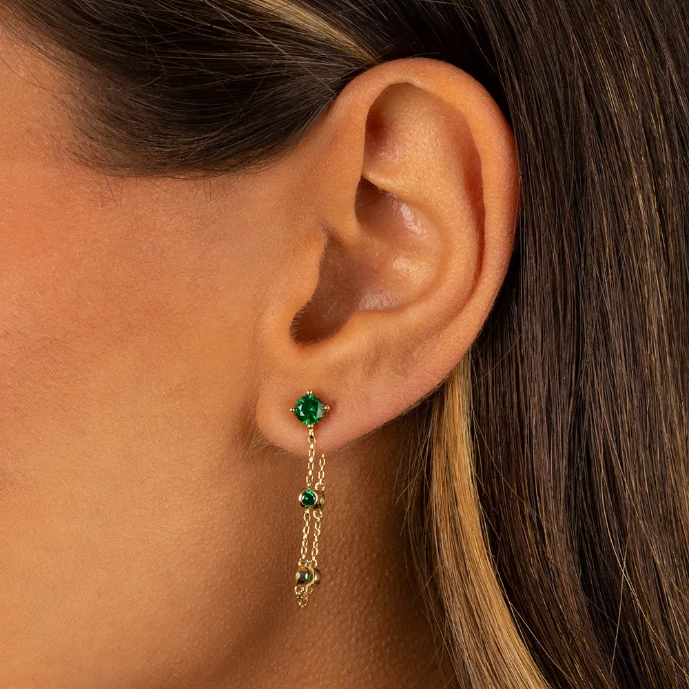 Emerald Green Drop Down Font Chain Stud Earring 14K