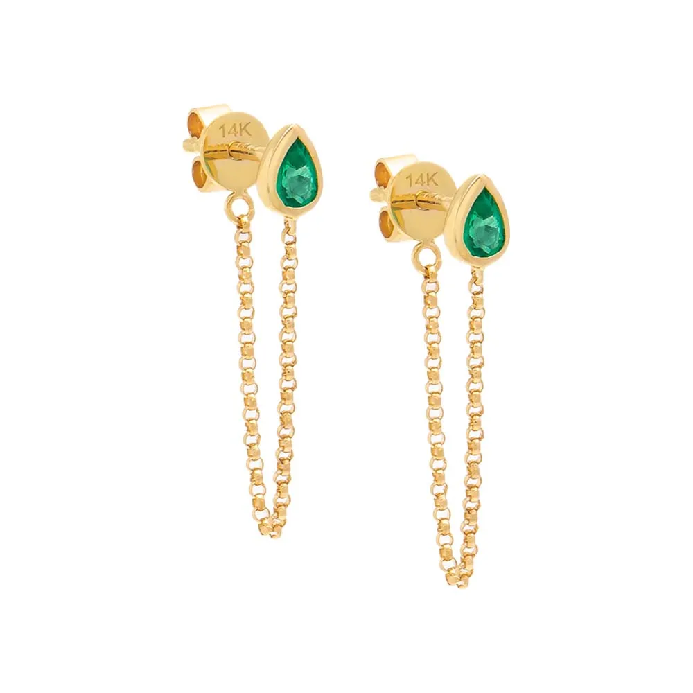 Emerald Green Teardrop Bezel Front Back Chain Stud Earring 14K