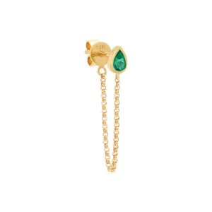 Emerald Green Teardrop Bezel Front Back Chain Stud Earring 14K