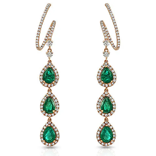 Emerald Pear 3 Stone Dangling Earrings 18k Rose Gold