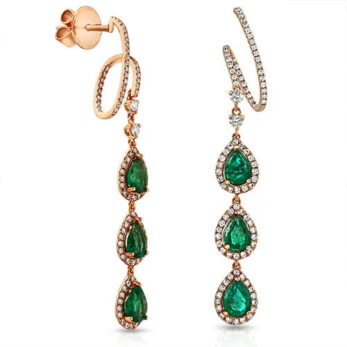 Emerald Pear 3 Stone Dangling Earrings 18k Rose Gold