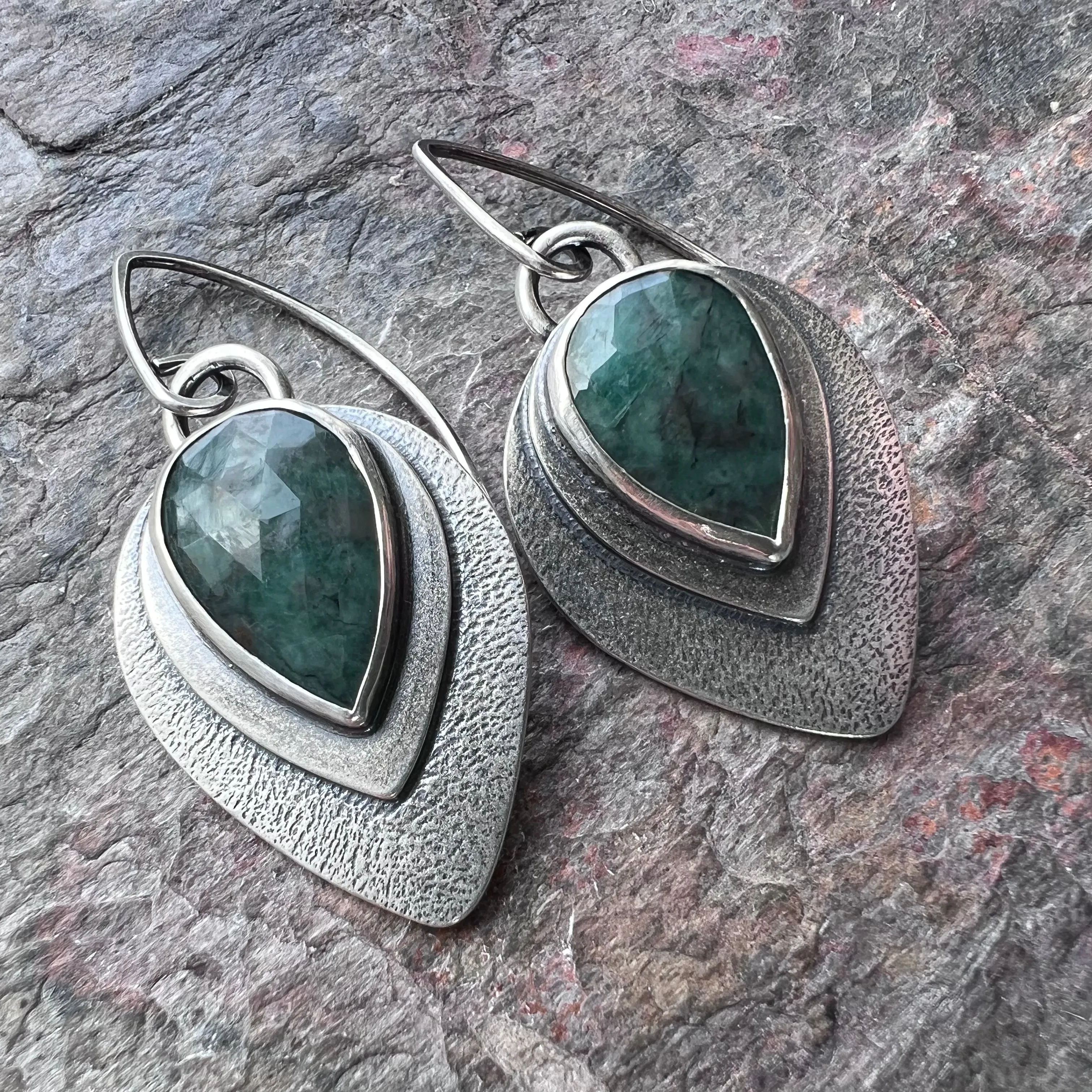 Emerald Sterling Silver Earrings - Handmade Genuine Emerald and Sterling Silver One-of-a-kind Earrings
