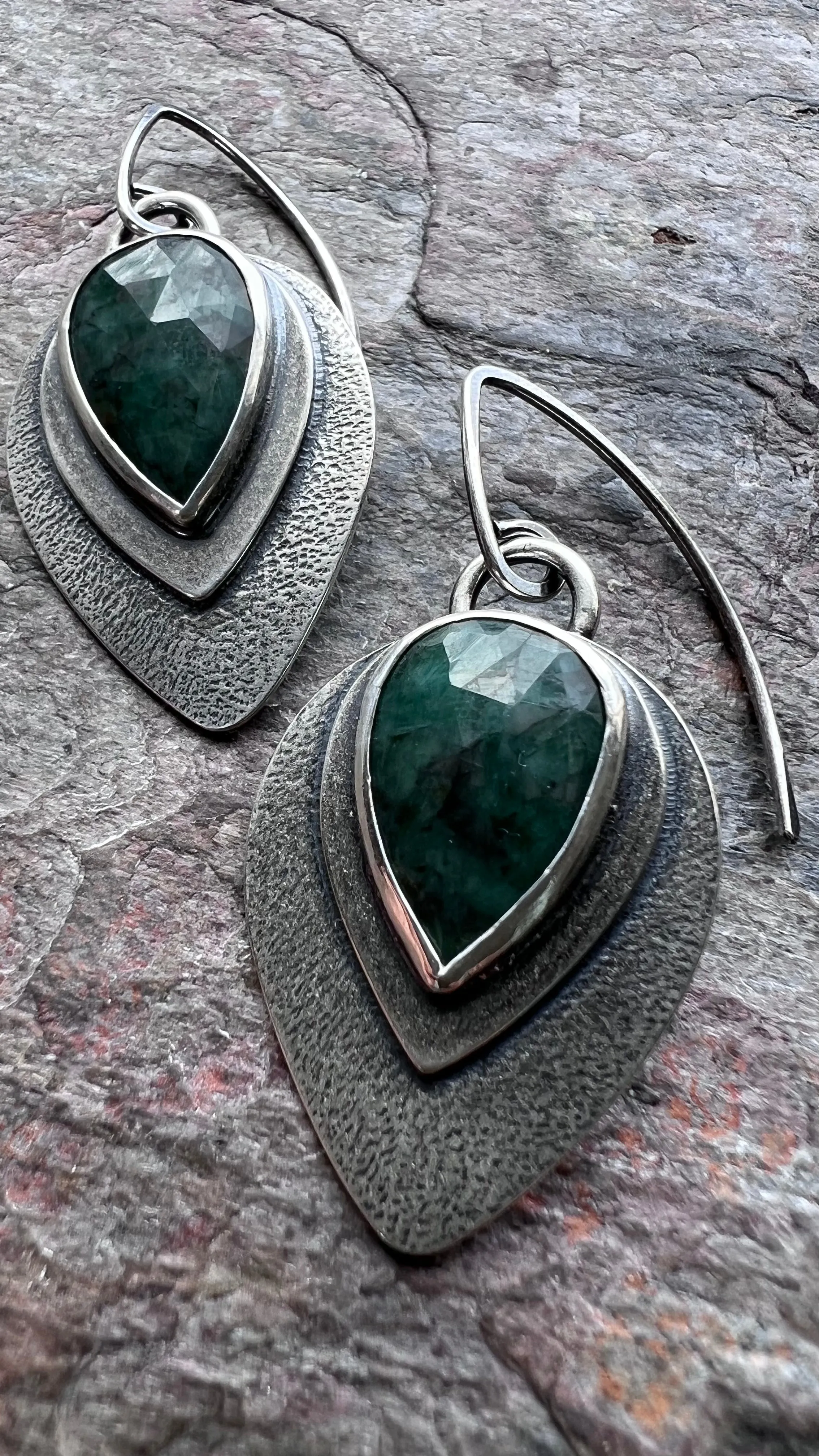 Emerald Sterling Silver Earrings - Handmade Genuine Emerald and Sterling Silver One-of-a-kind Earrings