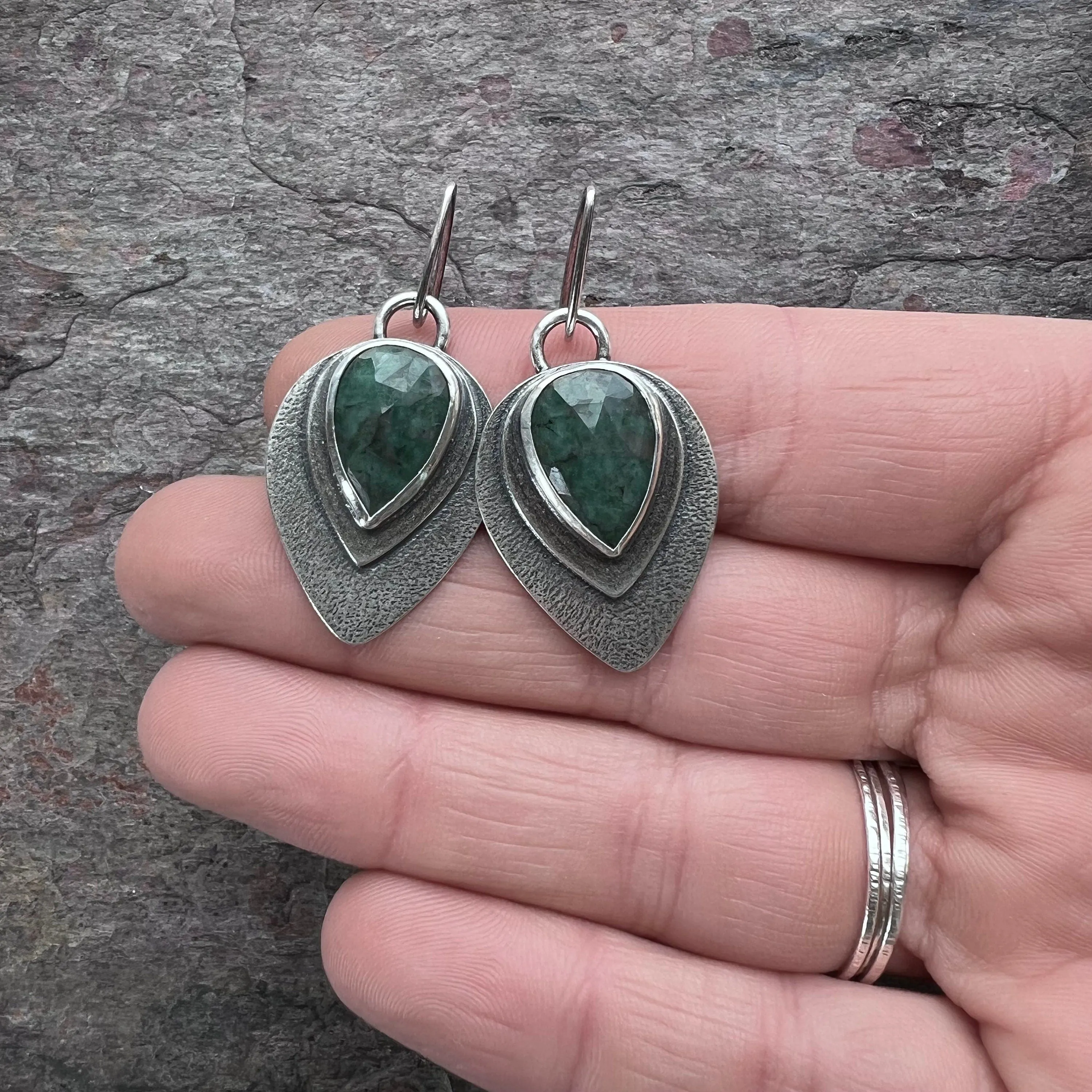 Emerald Sterling Silver Earrings - Handmade Genuine Emerald and Sterling Silver One-of-a-kind Earrings
