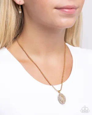 End Zone Elegance - Gold - White Rhinestone Encrusted Football Paparazzi Short Necklace