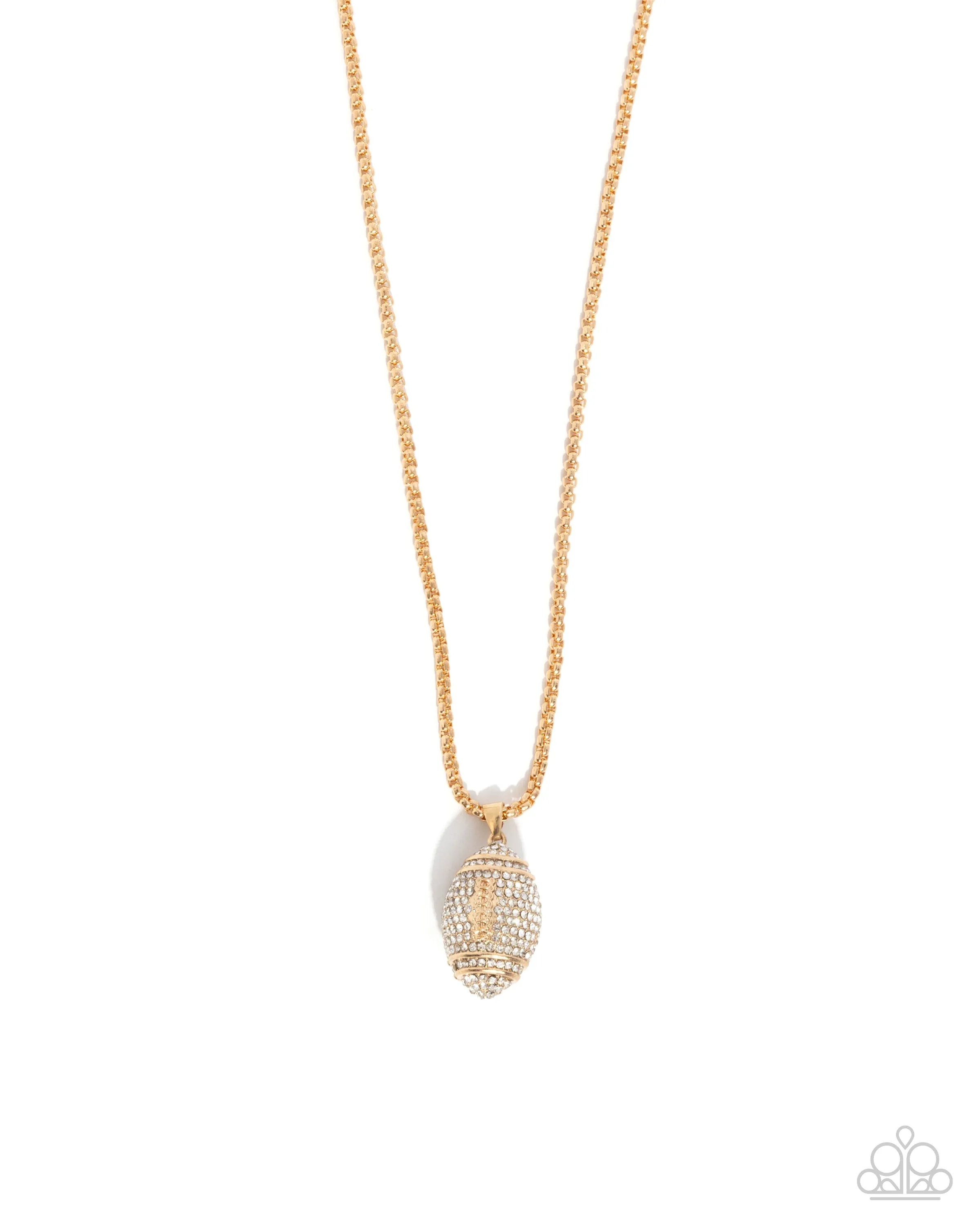 End Zone Elegance - Gold - White Rhinestone Encrusted Football Paparazzi Short Necklace