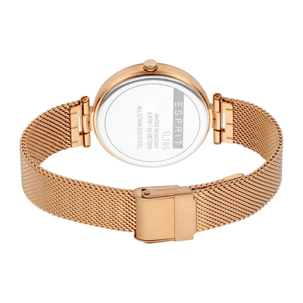 Esprit Ladies Watch Rose Gold Mesh Bracelet Stainless Steel Case & White Dial