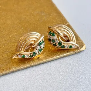 Estate 14KT Yellow Gold Teardrop Emerald   Diamond Omega Clip-On Earrings