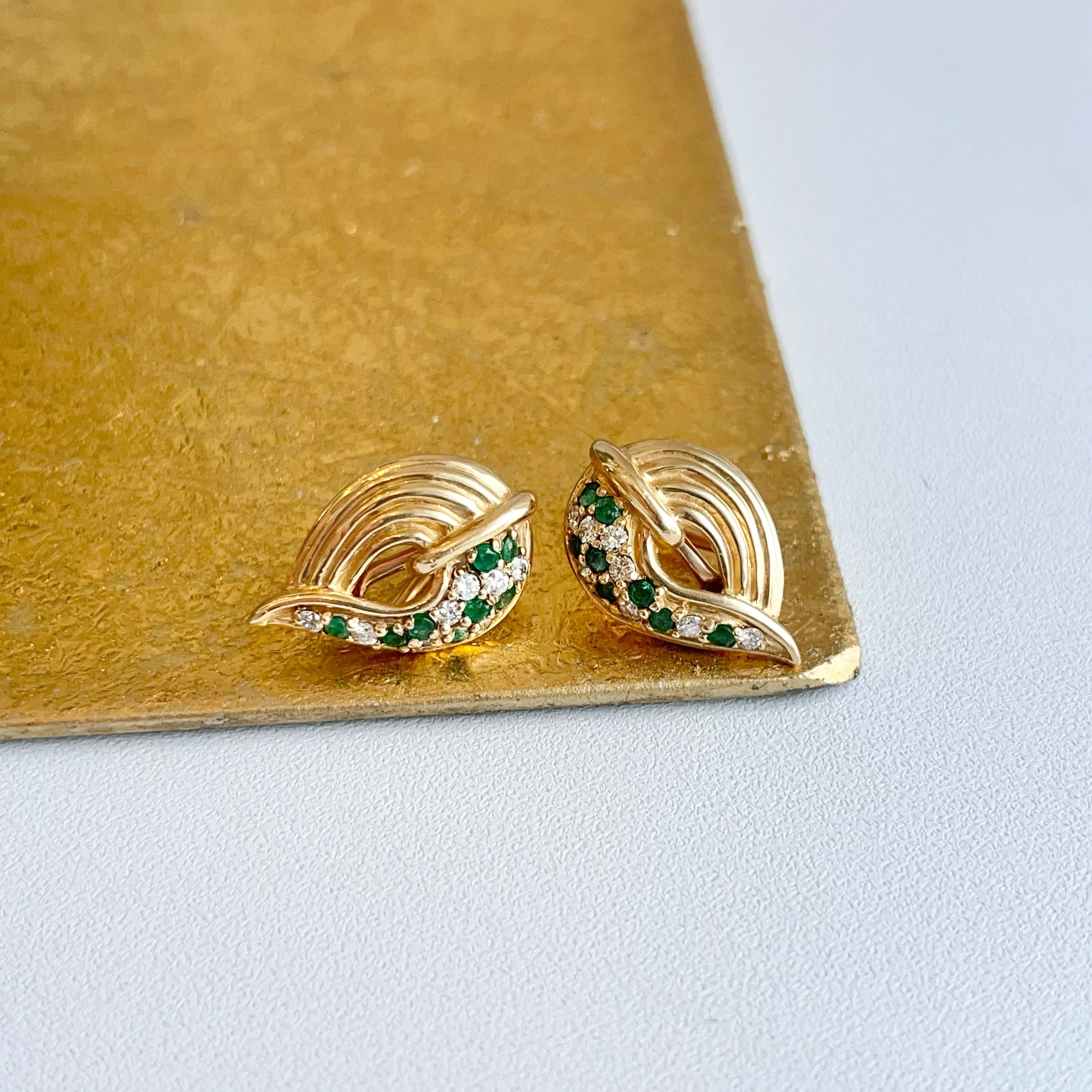 Estate 14KT Yellow Gold Teardrop Emerald   Diamond Omega Clip-On Earrings
